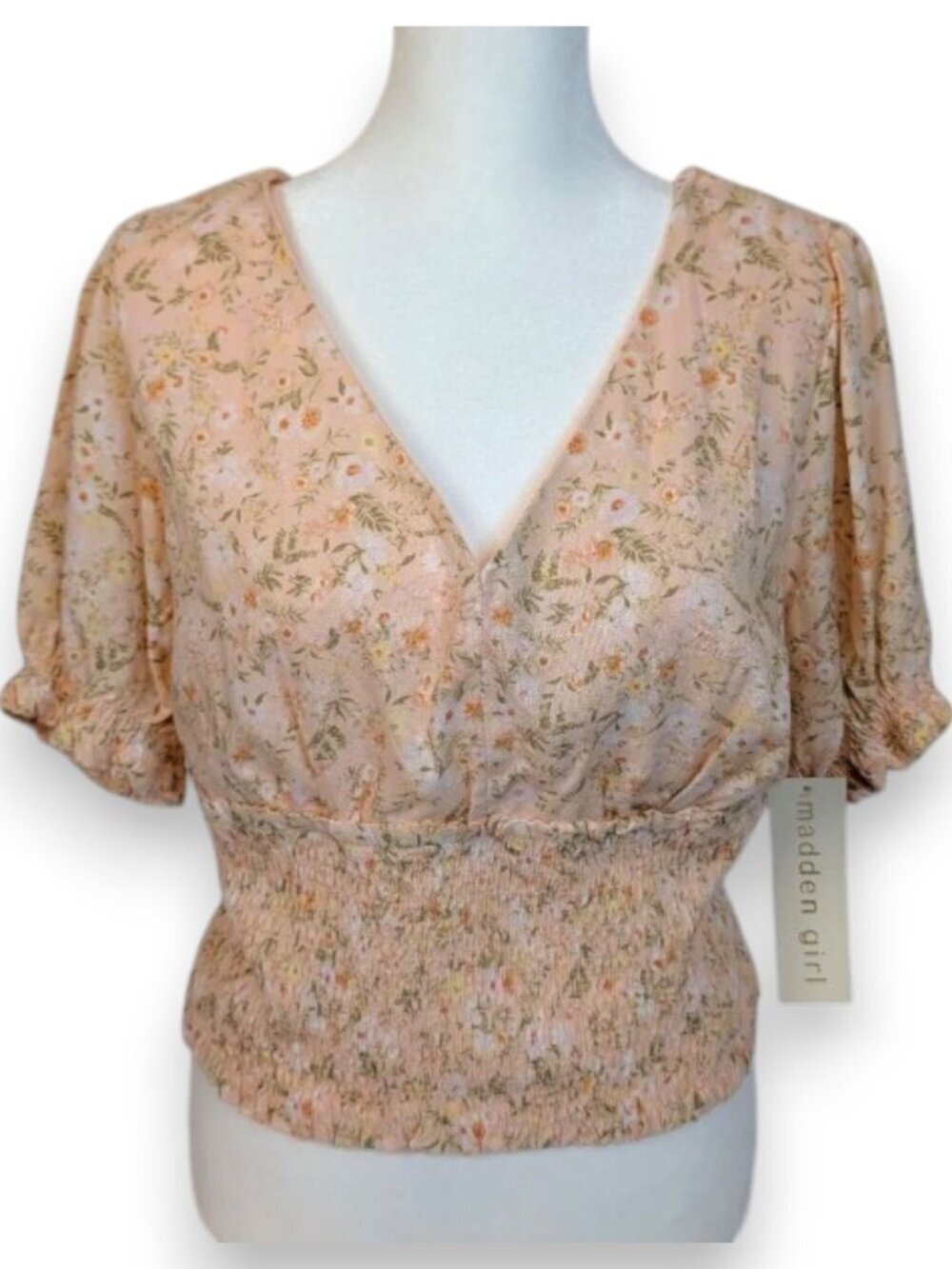 Madden Girl Ditsy Peach Floral Smocked V Neck Puff Sleeve Blouse